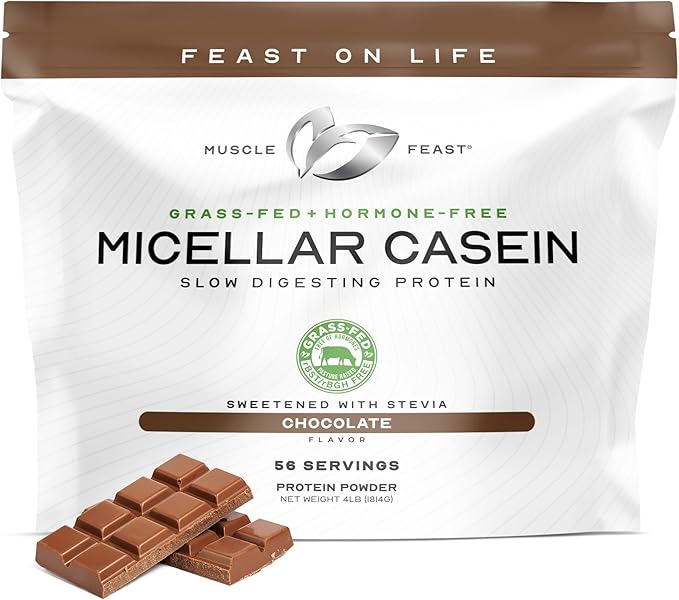 Muscle Feast 100% Whey Concentrate Isolate &amp Hydrozlyed Blend - Vanilla 5lb (x1) and Micellar Casein Protein Powder - Chocolate 4lb (x1) - Grass Fed All Natural Hormone-Free Whey Protein