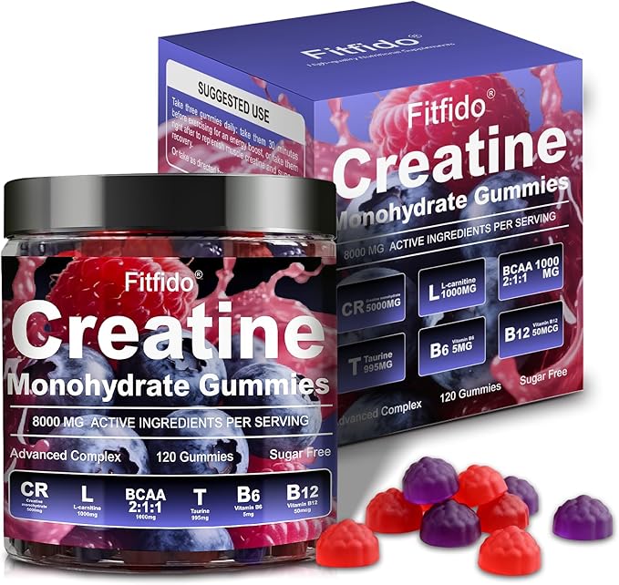 Creatine Monohydrate Gummies Complex 8000mg for Men and Women Containing L-carnitine &amp Taurine Build Muscle Boost Energy Faster Recovery Sugar Free &amp Vegan Raspberry &amp Blackberry 12
