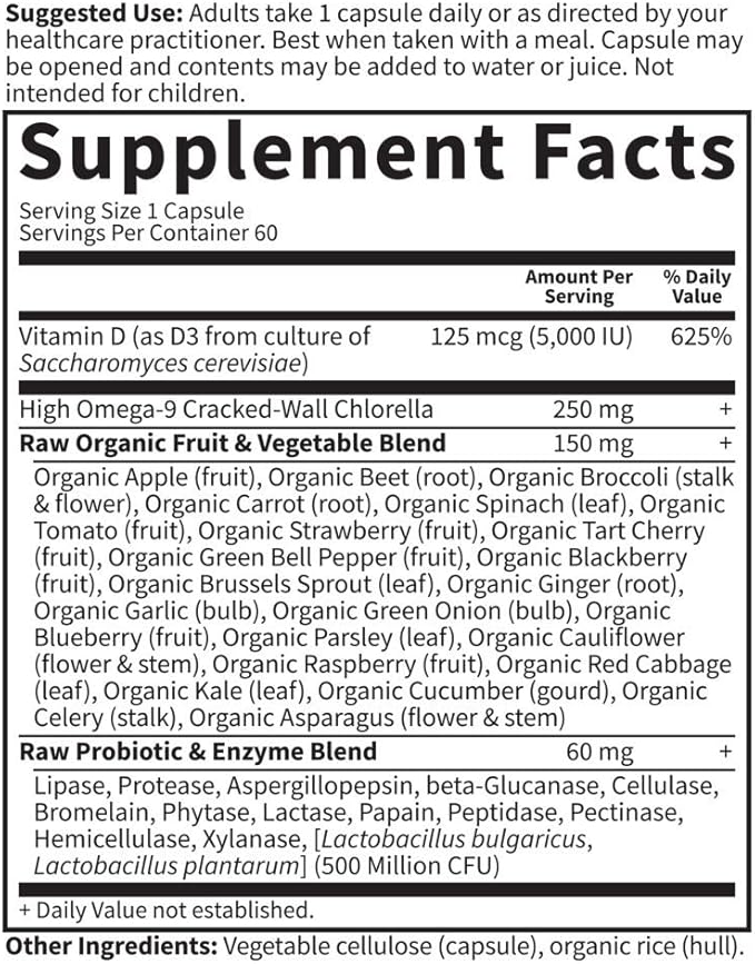 Garden of Life Vitamin D3 5000 IU Raw Whole Food Supplements with Chlorella Fruit Veggies &amp Probiotics for Bone &amp Immune Health 60 Vegetarian Capsules