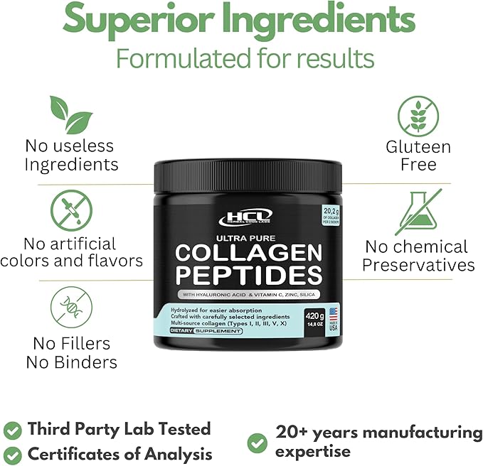 Collagen Peptides Powder with Vitamin C &amp Hyaluronic Acid - from Organic Cleanest Sources &amp Super High Absorption - Hydrolyzed Multi Type I II III V X - Skin Hair Supplement Made in USA