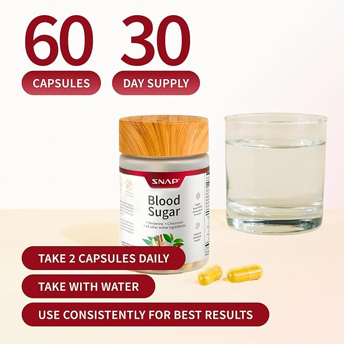 Snap Supplements Blood Sugar Blend with Berberine CoQ10 Cinnamon and Gymnema to Support Already Healthy Blood Sugar Metabolic Health and Energy Sugar Free 60 Capsules 2-Pack (Packaging May Vary)