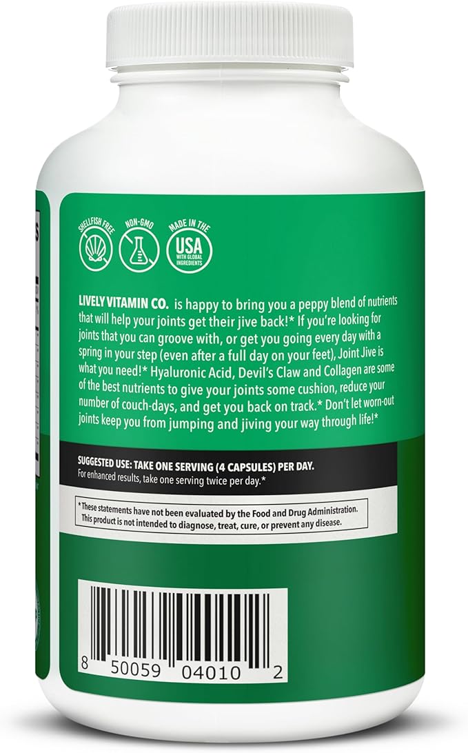 LIVELY VITAMIN CO. Joint Jive - Lubricate Joints (Knee Ankle Neck Shoulder Back) - Collagen - Glucosamine - MSM - Quercetin - Chondroitin - Devils Claw - Shellfish-Free Formula - 240 Count