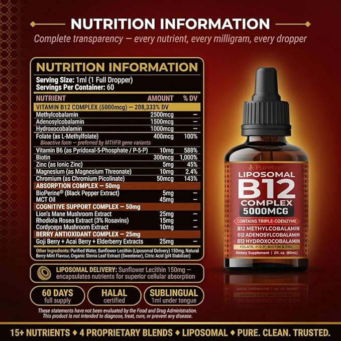 Liposomal B12 Triple Active Complex 5000mcg Liquid Drops Methylcobalamin B12 with Folate Liposomal Liquid Formula Easy Daily Use