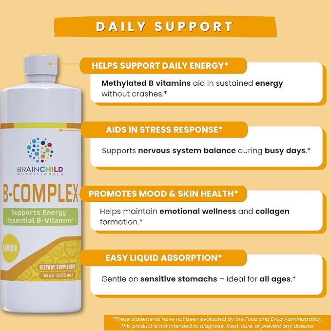 BrainChild B-Complex Liquid - High-Potency Methylated B Vitamins for Energy Stress &amp Mood Non-GMO Vegan Gluten-Free Lemon - 16oz