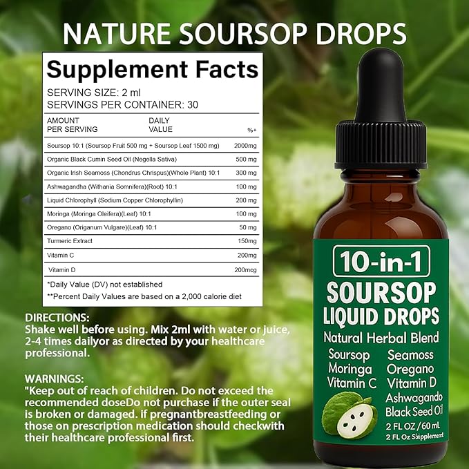 QIZFYZZ Soursop Natural Drops 10-in-1 Soursop Extract Drops with Sea Moss Moringa Turmeric Black Seed Oil Oregano Ashwagandha Immune Support | Improving Gut Health | Heart Health 2 Fl Oz (2)