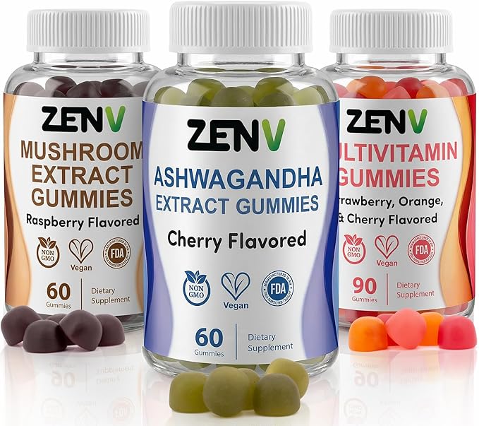 ZENV Daily Stress Management &amp Adaptogen Bundle: Ashwagandha &amp Mushroom Complex Gummies Adult Multivitamin Gummies | 60-Day Cortisol &amp Mood Support