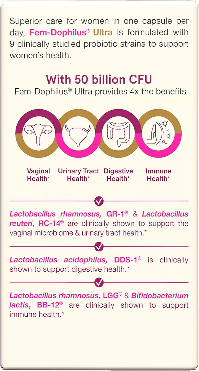 Jarrow Formulas Fem-Dophilus Vaginal &amp Digestive Probiotic 50 Billion CFU 9 Clinically-Studied Strains for Vaginal Flora &amp Yeast Balance Urinary Tract Digestive &amp Immune Support 30 C
