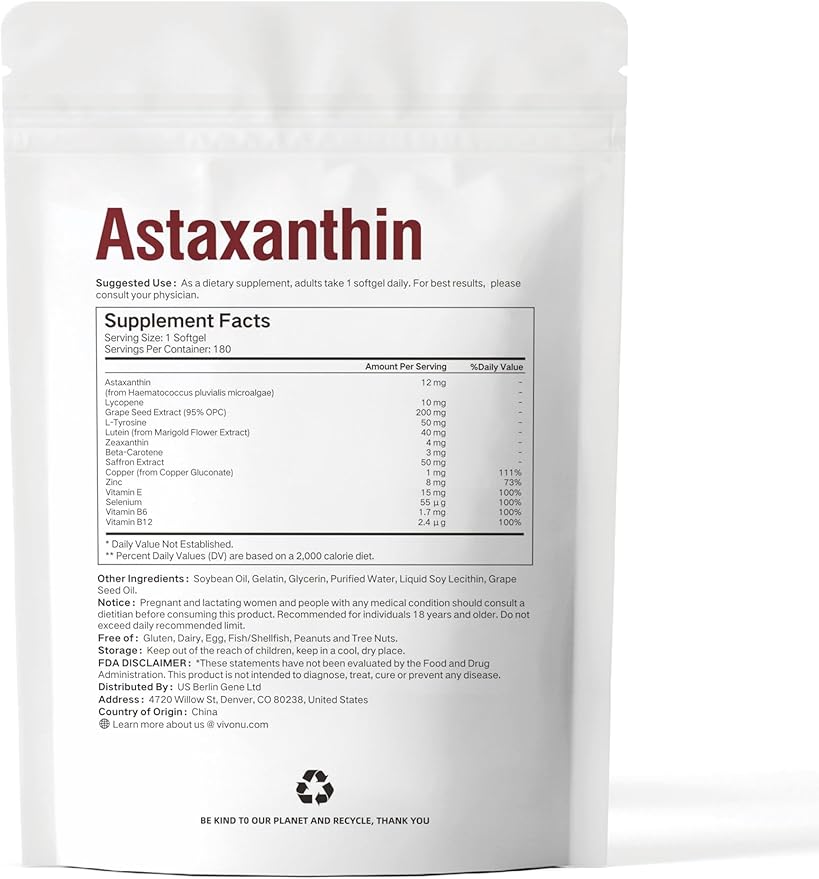 14-in-1 Astaxanthin 12mg &amp Lutein 40mg with Zeaxanthin Supplements 6 Month Supply Fresh Microalgae Source Supports Eye Skin Antioxidant Joint Circulatory Health Non-GMO Gluten Free 180 Soft