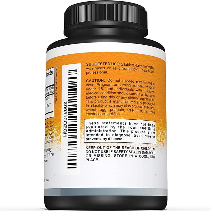 Sunergetic USDA Certified Organic Turmeric Supplement – Includes Organic Turmeric &amp Organic Black Pepper – 1400mg of Turmeric per Serving - 180 Count (Pack of 1)