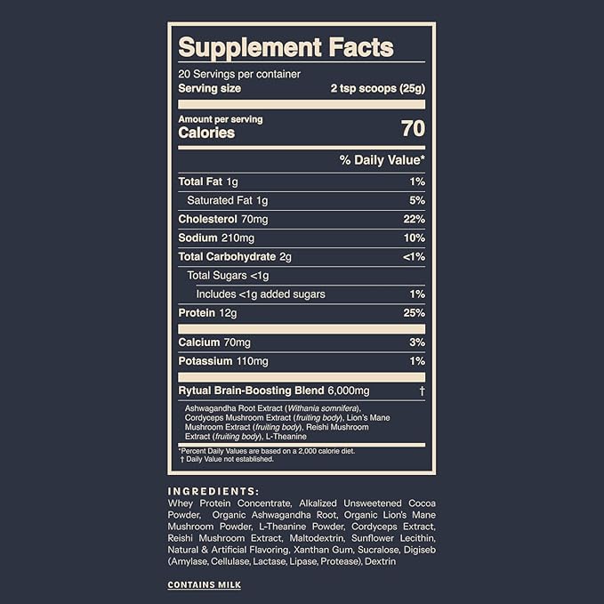 Rytual Brain Boosting Protein Powder – Whey + Nootropics with Lion’s Mane Cordyceps Reishi Ashwagandha &amp L-Theanine – 1lb Chocolate – Focus Recovery &amp Longevity