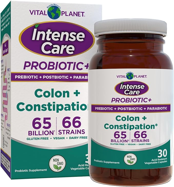 Vital Planet - Intense Care Colon &amp Constipation Probiotics Prebiotics Postbiotics Parabiotics 4-in-1 Refrigerated Supplement for Adults 65 Billion CFU 66 Strains Digestive and Immune 30 c