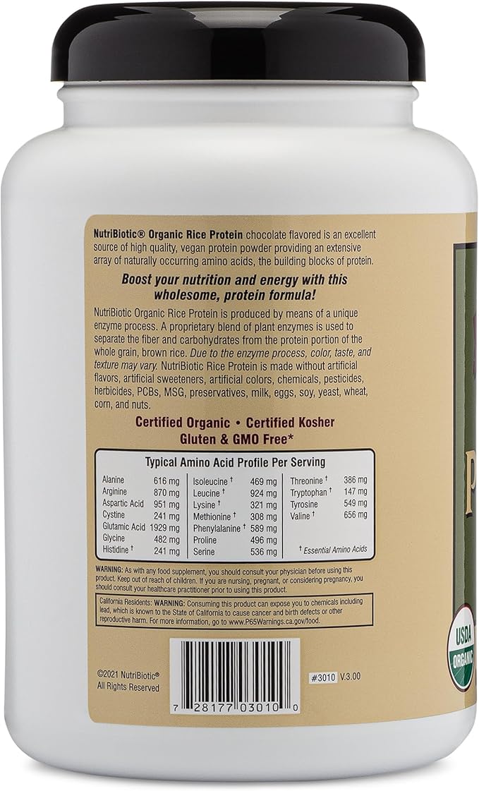 NutriBiotic Certified Organic Rice Protein Chocolate 22.9 Oz | Low Carbohydrate Vegan Protein Powder | Raw Certified Kosher &amp Keto Friendly | Made Without Chemicals GMOs &amp Gluten | Easy to