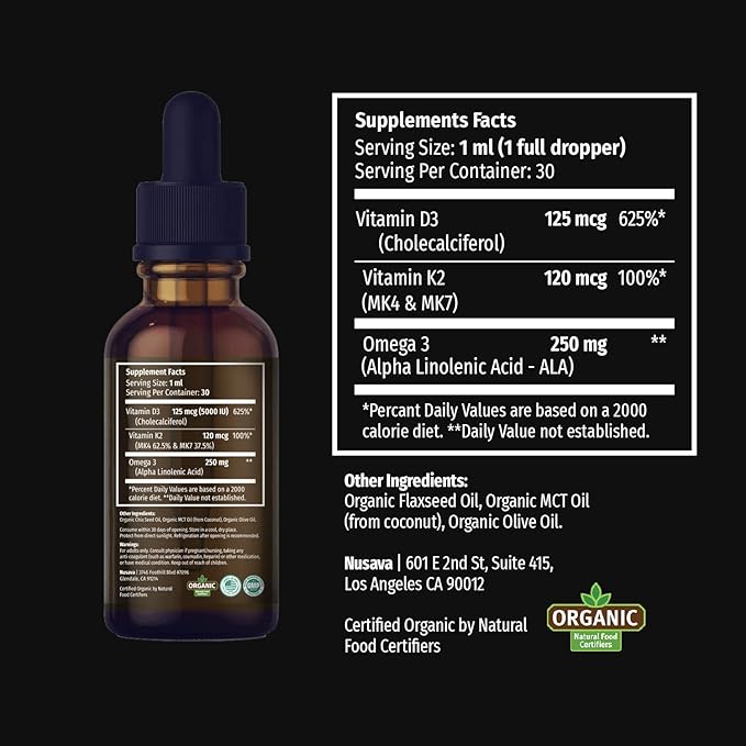 NUSAVA Unflavored D3 K2 Liquid Drops and Vanilla Flavored D3 K2 Liquid Drops Bundle - Potent Liquid Vitamins for Heart Joint Bone Muscle &amp Immune Support - Non-GMO Gluten-Free 2pk Each