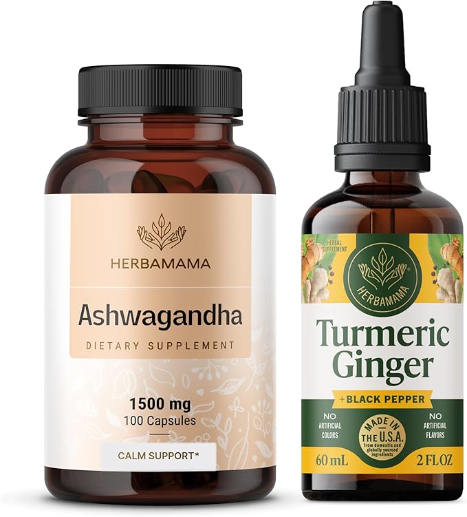 HERBAMAMA Ashwagandha and Turmeric Ginger Kit - Bundle of 1500 mg Ashwagandha Root Capsules &amp Turmeric Ginger Tincture 2 fl oz - Vegan Non-GMO Sugar &amp Alcohol-Free - 2 Pack