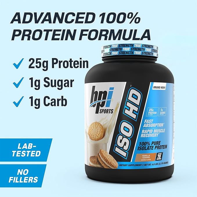 BPI Sports ISO HD Isolate Protein Powder – 100% Whey Isolate Protein Powder for Muscle Gain - Vanilla Cookie 4.8 LBS - 70 Servings