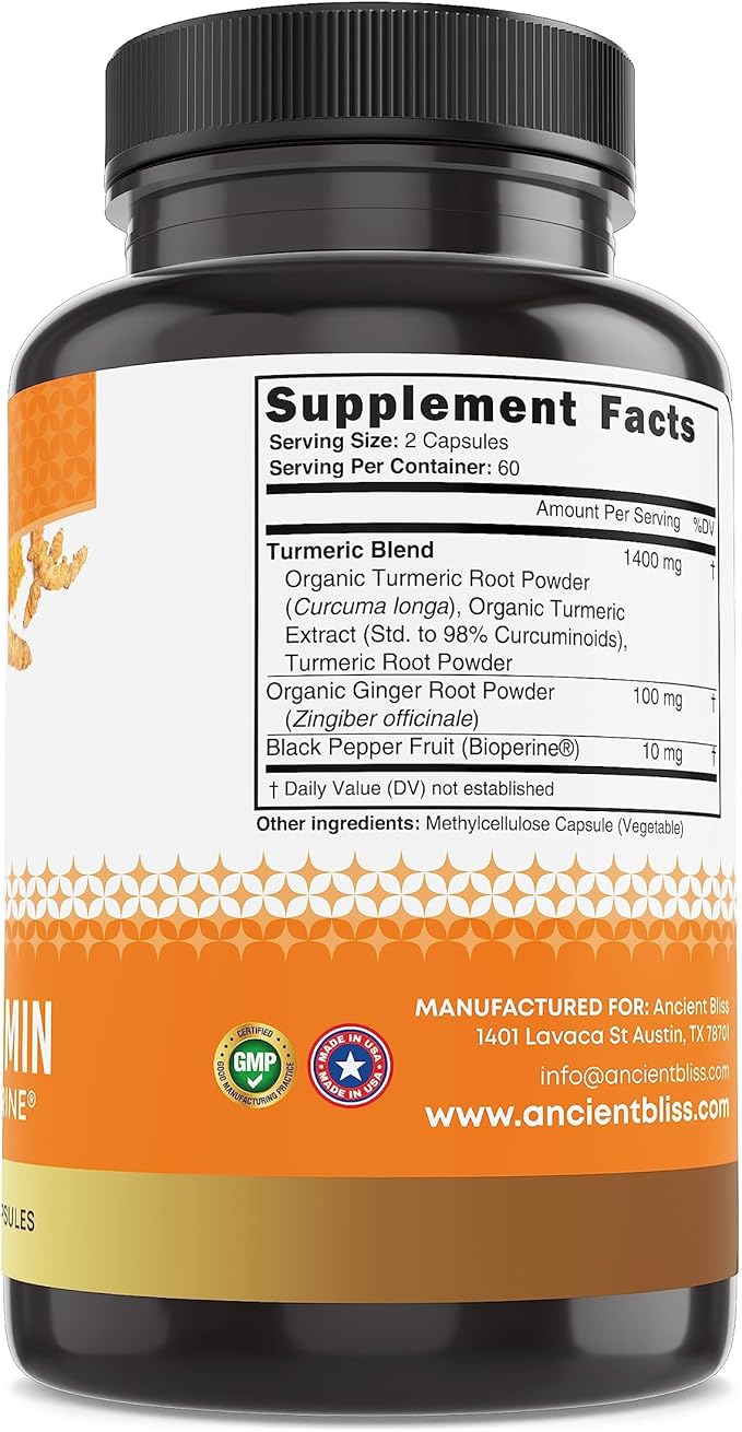 Turmeric Curcumin with Ginger &amp Bioperine Turmeric Curcumin with Black Pepper &amp Raw Ginger Root Powder Capsule Supplement by Ancient Bliss (120 Capsules)