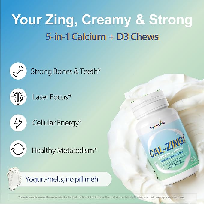 Cal-Zing Calcium with Taurine and Vitamin D3 Yogurt Chewable Supplements for Women and Men Strong Bones &amp Teeth Energy Support Laser Focus and Healthy Metabolism 90 Days Supply