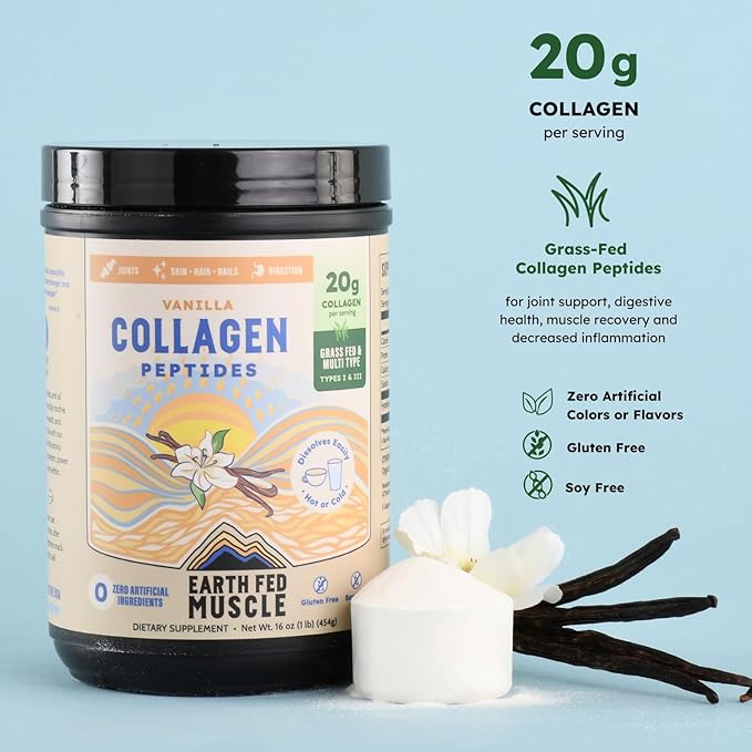 Earth Fed Muscle Grass Fed Collagen Peptides Powder Vanilla - Hydrolyzed Multi Collagen Types I and III for Hair Skin Nails Joints - Keto Paleo Protein Supplement for Women&ampMen (21 Servings Vanil