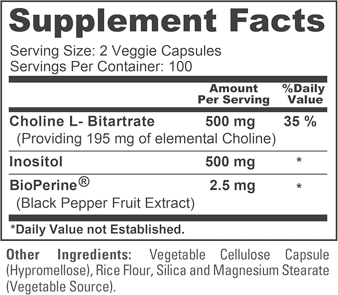 NusaPure Choline &amp Inositol - Suitable for Vegetarian/Vegan Non - GMO - 1000mg - 200 Veggie Capsules