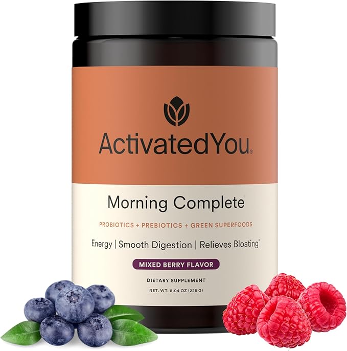 ActivatedYou Morning Complete Super Greens Powder Drink Mix - Gut Health Boost with Prebiotics Probiotics &amp Antioxidants - 10 Billion CFUs Mixed Berry Flavor Greens Superfood Powder - 30 Day Su