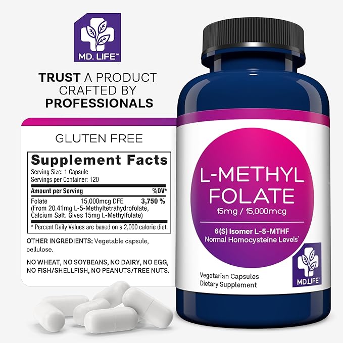 MD Life L-Methylfolate 15 mg Supplement - Professional-Grade Active L Methylfolate Supplement - 120 Capsules - L-Methylfolate 15mg - Maximum Potency MTHFR W/ Essential Amino Acids