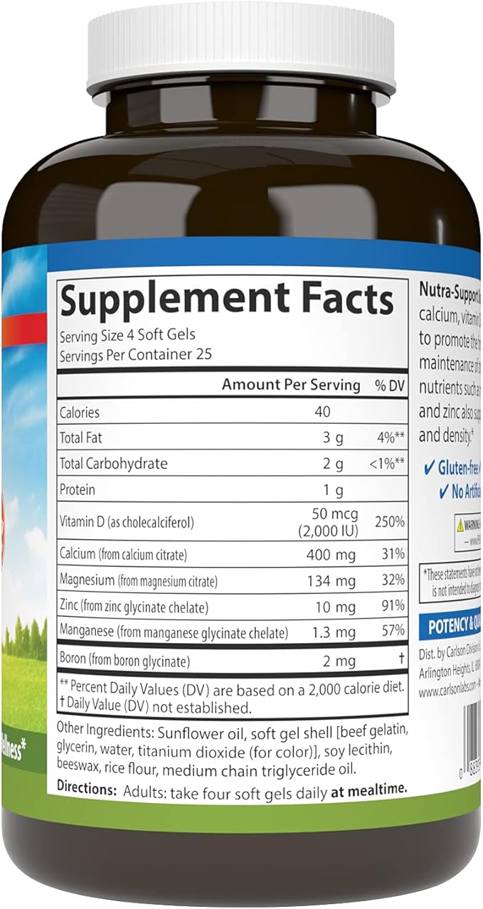Carlson - Nutra-Support Bone Calcium Magnesium &amp Vitamin D3 Bone Health Calcium Absorption &amp Optimal Wellness 100 Softgels