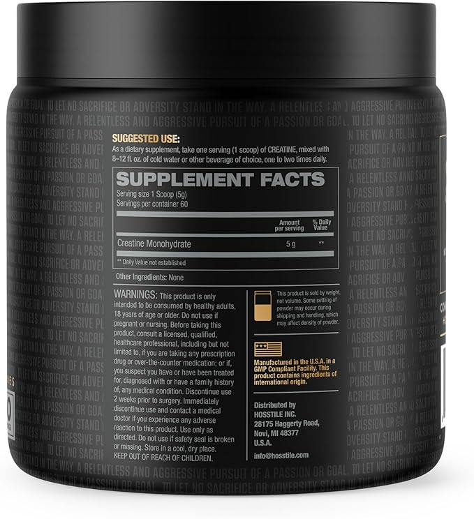 HOSSTILE Creatine Monohydrate Powder for Men &amp Women Micronized Improve Muscle Size Strength &amp Power Output Post Workout Recovery Drink Unflavored 60 Servings