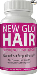 New Glo Hair Skin and Nails Supplement - Advanced Unique Hair Growth Vitamins and Minerals with Biotin - Gluten Free 60 Capsules - Hair Lash Skin and Nails Extra Strength Formula Growth Booster