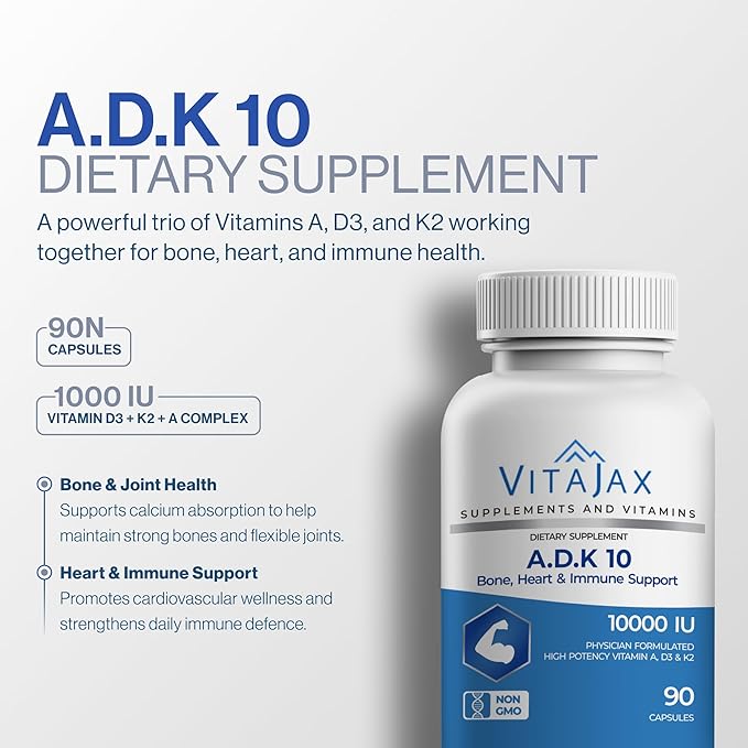 ADK 10 - Vitamin ADK Supplement 90 Capsules - High Potency Vitamin A D3(10000 IU) K2 as MK-7 for Bone Heart &amp Calcium Absorption – Non-GMO Gluten Free (3-Month Supply)