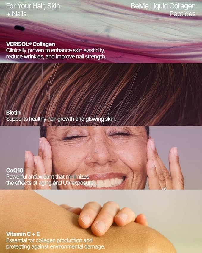 BeMe Liquid Collagen for Women - 2500mg Verisol Collagen Liquid with Biotin CoQ10 &amp Vitamin C - Clinically Proven Collagen Peptides for Hair Skin &amp Nails - 15 Peach Sachets