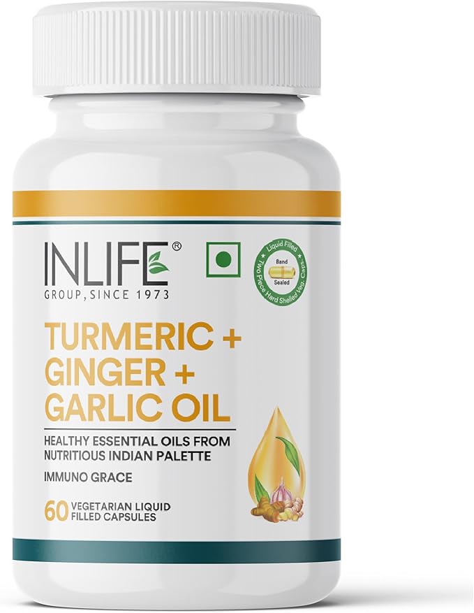 INLIFE Organic Turmeric Ginger Garlic Capsules 300mg (Liquid Filled) for Inflammation Joint Support Immune Support &amp Heart Health | Ayurvedic Vegitarian GMP Tested - (60 Count)
