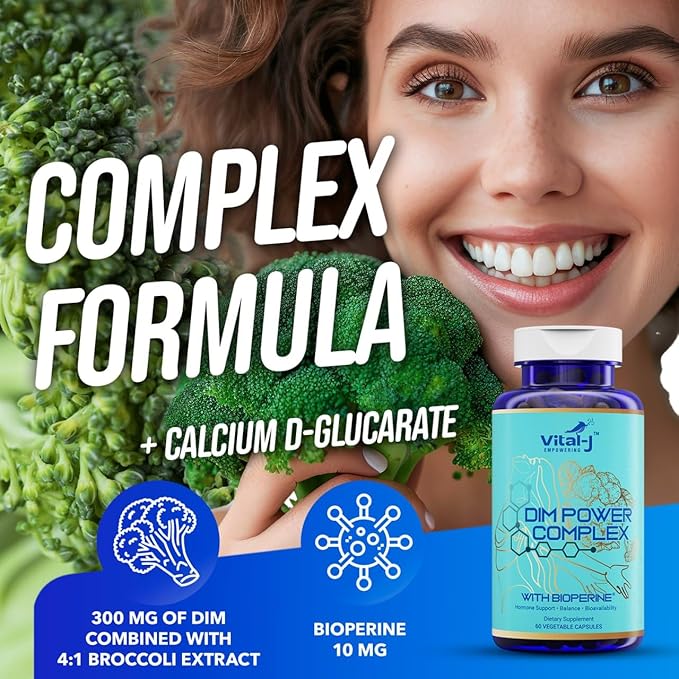 4-in-1 DIM Potent Complex 300mg - Estrogen Balance and Metabolism Energy &amp Menopause Support Supplement with Bioperine (x4) Calcium and Broccoli Extract - for Women and Men 60 Servings