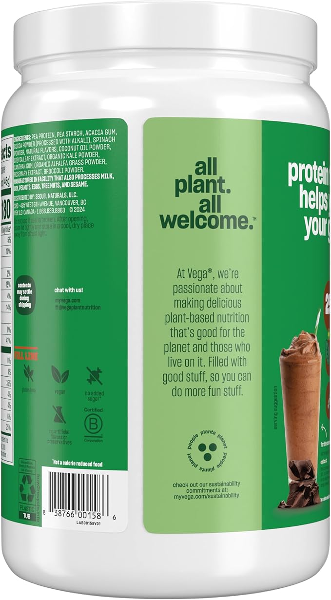 Vega Protein and Greens Protein Powder Chocolate - 20g Plant Based Protein Plus Veggies Vegan Non GMO Pea Protein for Women and Men 1.3 lbs