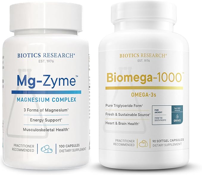 Biotics Research Mg-Zyme Triple Magnesium Complex for Sleep Relaxation &amp Bone Health + Biomega-1000 Omega-3 Fish Oil for Heart Brain &amp Immune Support – 100 Capsules &amp 90 Softgels