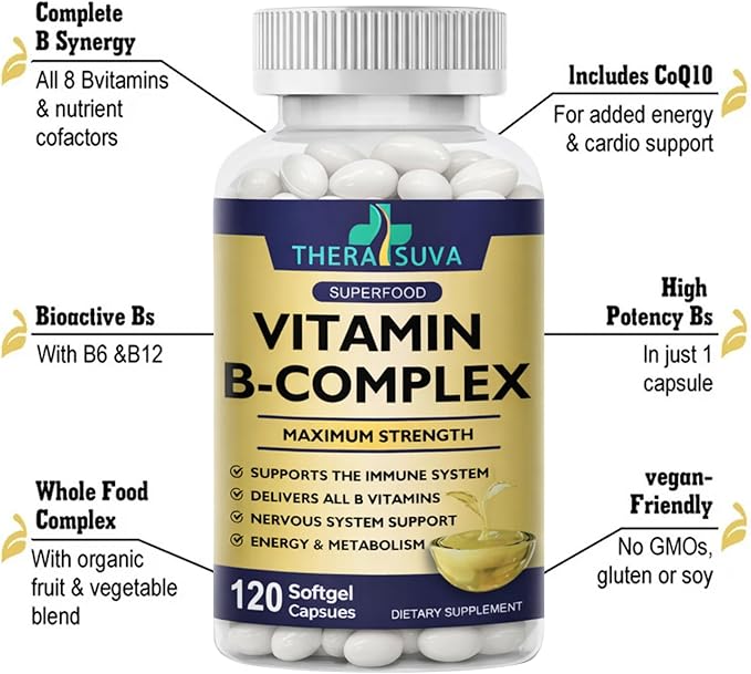 Vitamin B-Complex + CoQ10 + Vitamin C - Max Strength Supplement for Energy Metabolism Support 2 Month Supply 120 Softgels