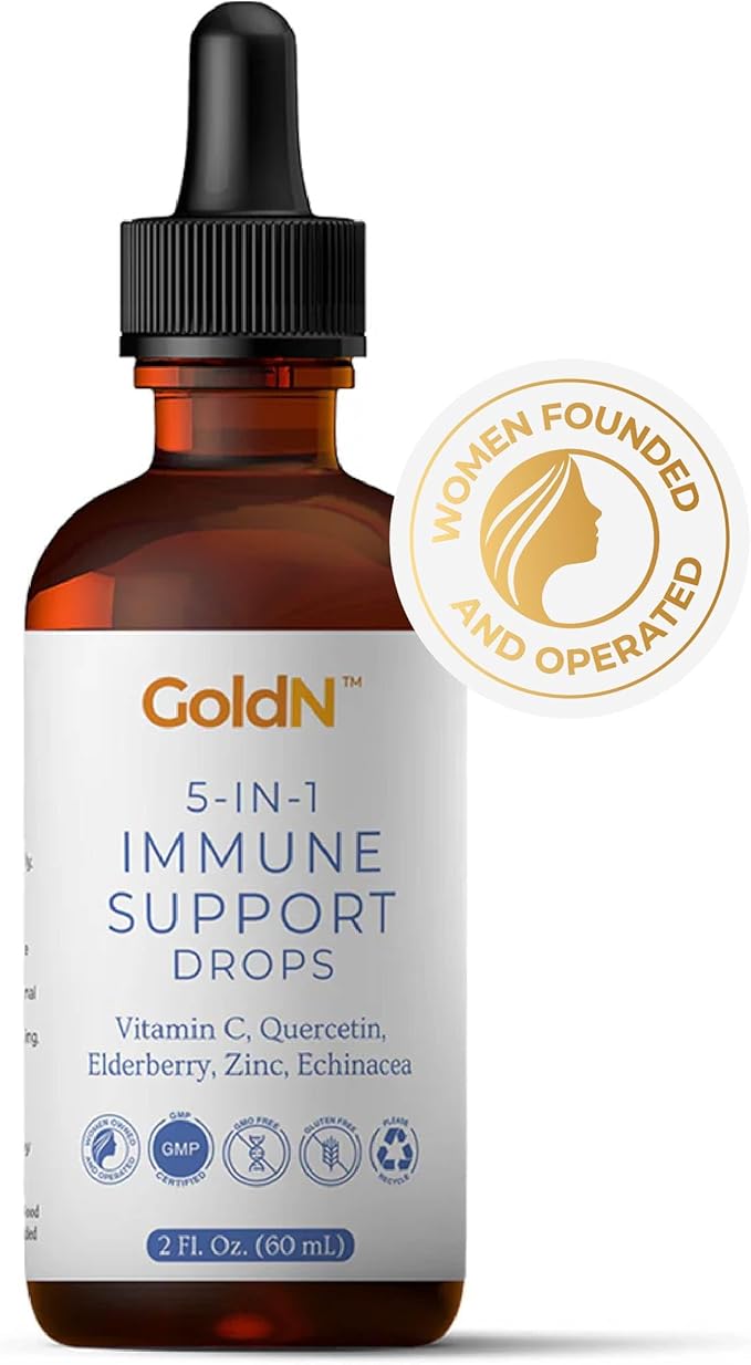 GoldN™ 5-in-1 Immune Support Drops | Vitamin C Quercetin Elderberry Zinc Echinacea | No Artificial Ingredients | Non-GMO Gluten-Free | 2oz (60ml) | 1-Month Supply