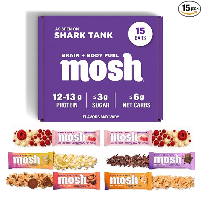 MOSH Variety Pack Keto Protein Bars High Fiber Low Carb Gluten Free High Protein Brain Healthy Snack with Ashwagandha Lion's Mane 15 Count