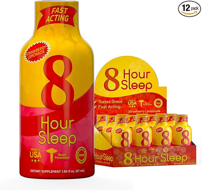 Vitamin Energy 8 Hour Sleep Shot Strawberry Lemonade 12 Pack Melatonin 5-HTP GABA Valerian Lavender Nighttime Relaxation &amp Sleep Support Supplement Zero Sugar Vegan Gluten-Free Kosher 1