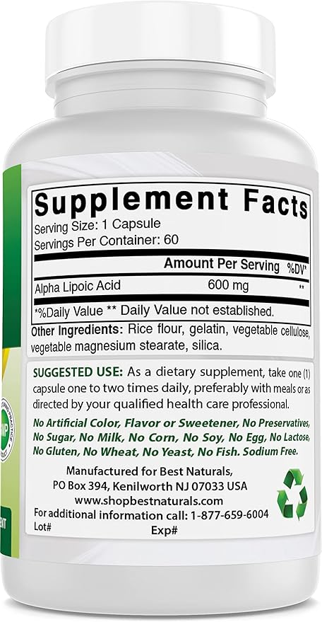 Best Naturals Alpha Lipoic Acid 600 mg 60 Capsules - ALA Powerful Antioxidant (60 Count (Pack of 2))