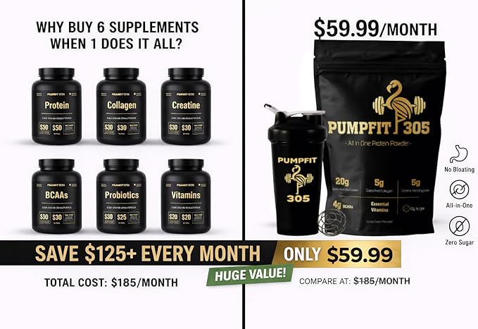 PUMPFIT305 ALL-in-ONE Grass Fed Beef Protein Isolate-41g Protein + 5g Collagen + 5g Creatine Monohydrate + 4g BCAAs Probiotics NO Bloat Muscle Recovery Post Workout Recovery - Vanilla 15 Servings