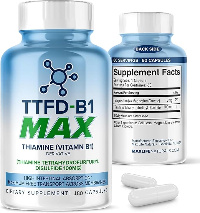 MAXLIFE NATURALS TTFD Thiamine B1 Supplement 180 Capsules Made in USA- Thiamine TTFD Vitamin B1 MAX High-Potency Supplement for Focus Supports Healthy Nerve Function &amp Overall Wellness