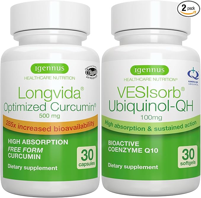 Longvida Curcumin 500mg + VESIsorb Ubiquinol-QH Advanced CoQ10 100mg Bundle Ultra Bioavailable Curcumin with Bioavailable &amp Fast-Acting Ubiquinol by Igennus