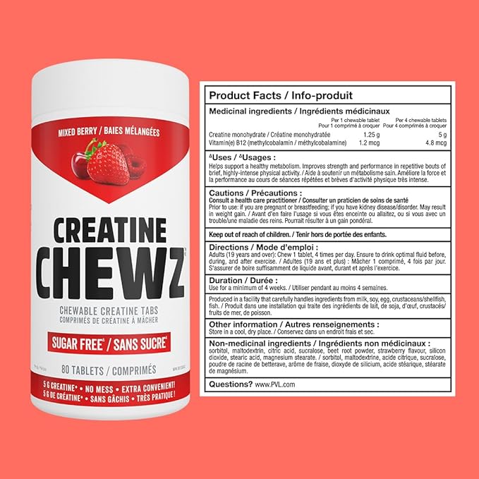 PVL Creatine Chewz – Sugar-Free Chewable Creatine Supplement for On-The-Go Use – 5g Creatine Monohydrate Per Day – Pre Workout &amp Muscle Recovery Support – 80 Tablets – Mixed Berry