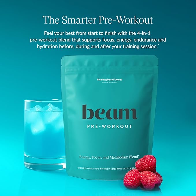 Beam Pre Workout Powder – Pre Workout Supplement with Organic Caffeine 350 mg Electrolytes &amp Nootropic Focus Support No Sugar Pre Workout for Women &amp Men Blue Raspberry Flavor 20 Servings
