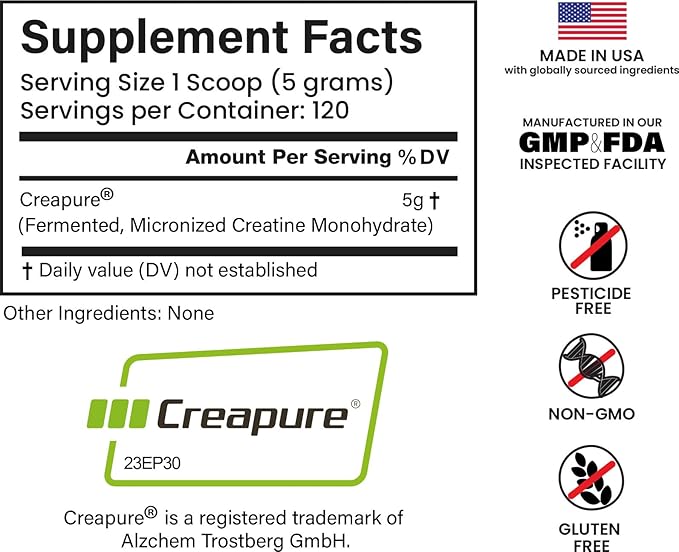 Creapure Creatine Monohydrate 600grams (120 Servings) Unflavored Non-GMO Vegan Fermented Third-Party Lab Tested. Made with Halal and Kosher Certified Ingredients.
