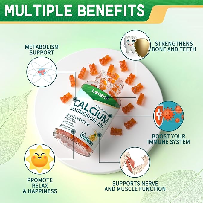 Calcium Magnesium Zinc Gummies with Vitamin D3 &amp K2 - High Potency Enhanced Absorption -120 Orange Gummies Flavored
