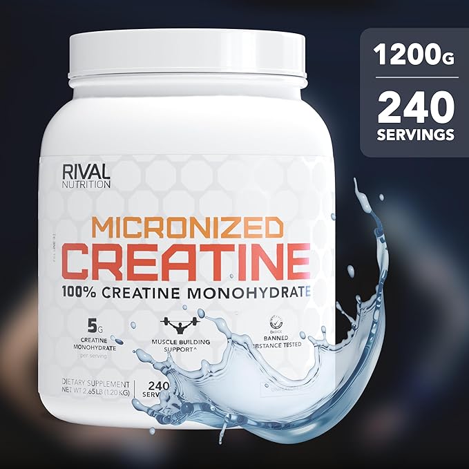 RIVAL NUTRITION Micronized Creatine I 100% Creatine Monohydrate Powder I 240 Servings I 5g Per Serving I Supports Muscle Performance Lean Mass and Cognitive Function | Unflavored I for Men &amp Wom