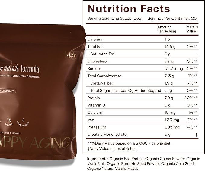 Happy Aging Protein Powder for Women 20g Organic Pea &amp Pumpkin Seed Protein 5g Creatine Monk Fruit Sweetened Organic Cocoa &amp Chia Vegan Plant Based Protein