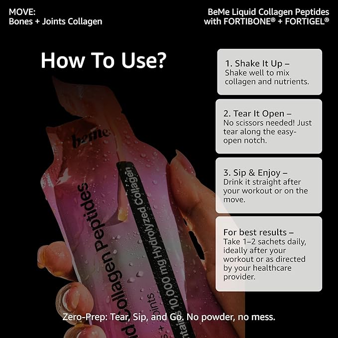 BeMe Bone &amp Joint Collagen Supplement — 10000mg FORTIBONE + FORTIGEL Hydrolyzed Collagen Peptides — Clinically Proven for Bone Density &amp Joint Mobility — Liquid Sachets Orange Mango 15 Coun