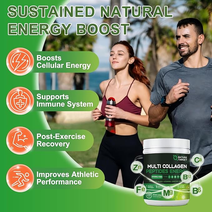 NATURE TARGET Multi-Collagen-Peptides-Powder - Hydrolyzed Collagen with Energy Blend + Multivitamin &amp Minerals Supports Energy Skin Hair Nail &amp Joint Non-GMO 35 Servings